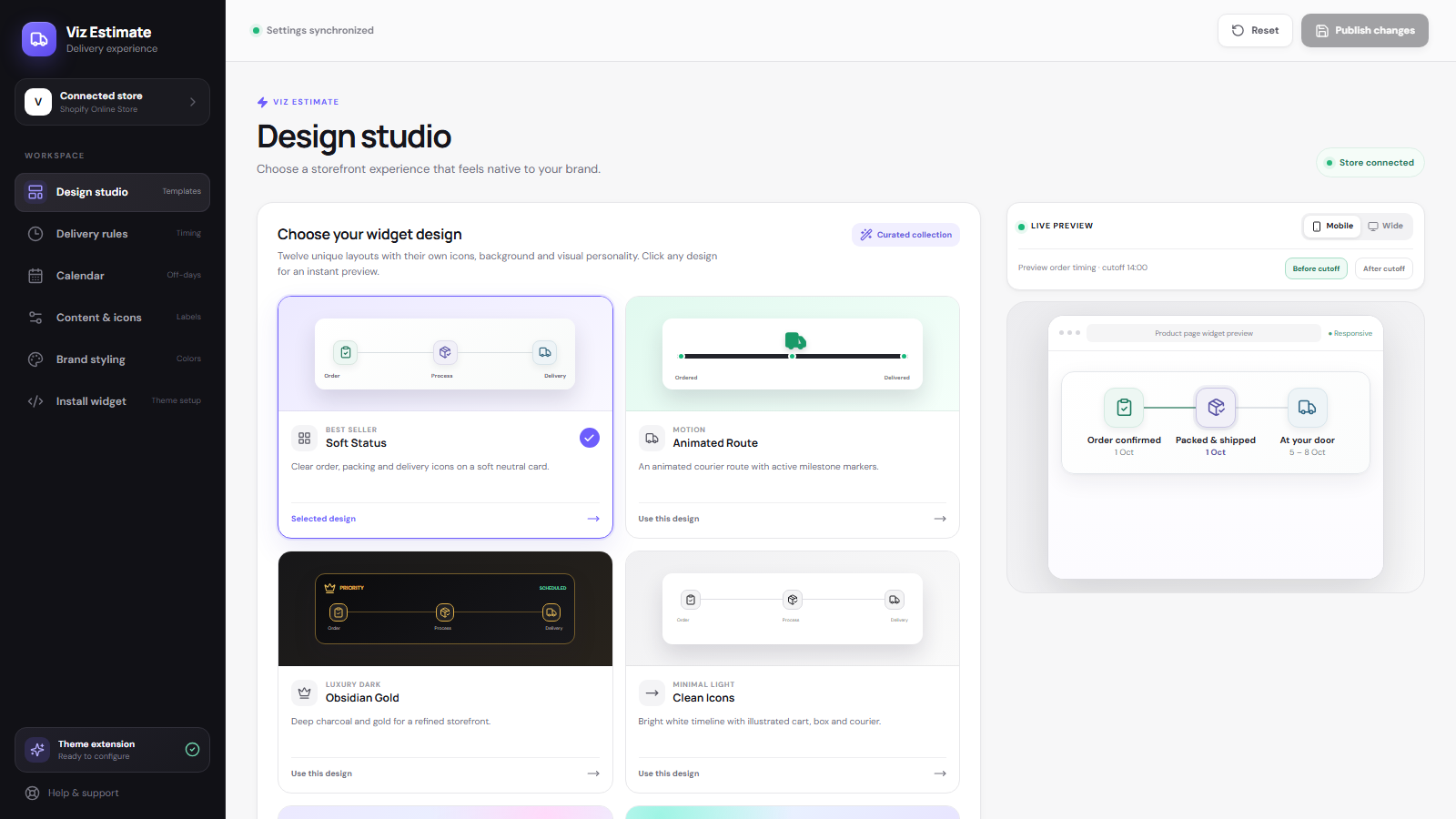 Viz Estimate design library and live storefront preview