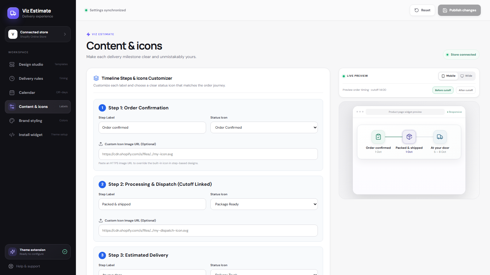 Delivery step labels and status icon controls