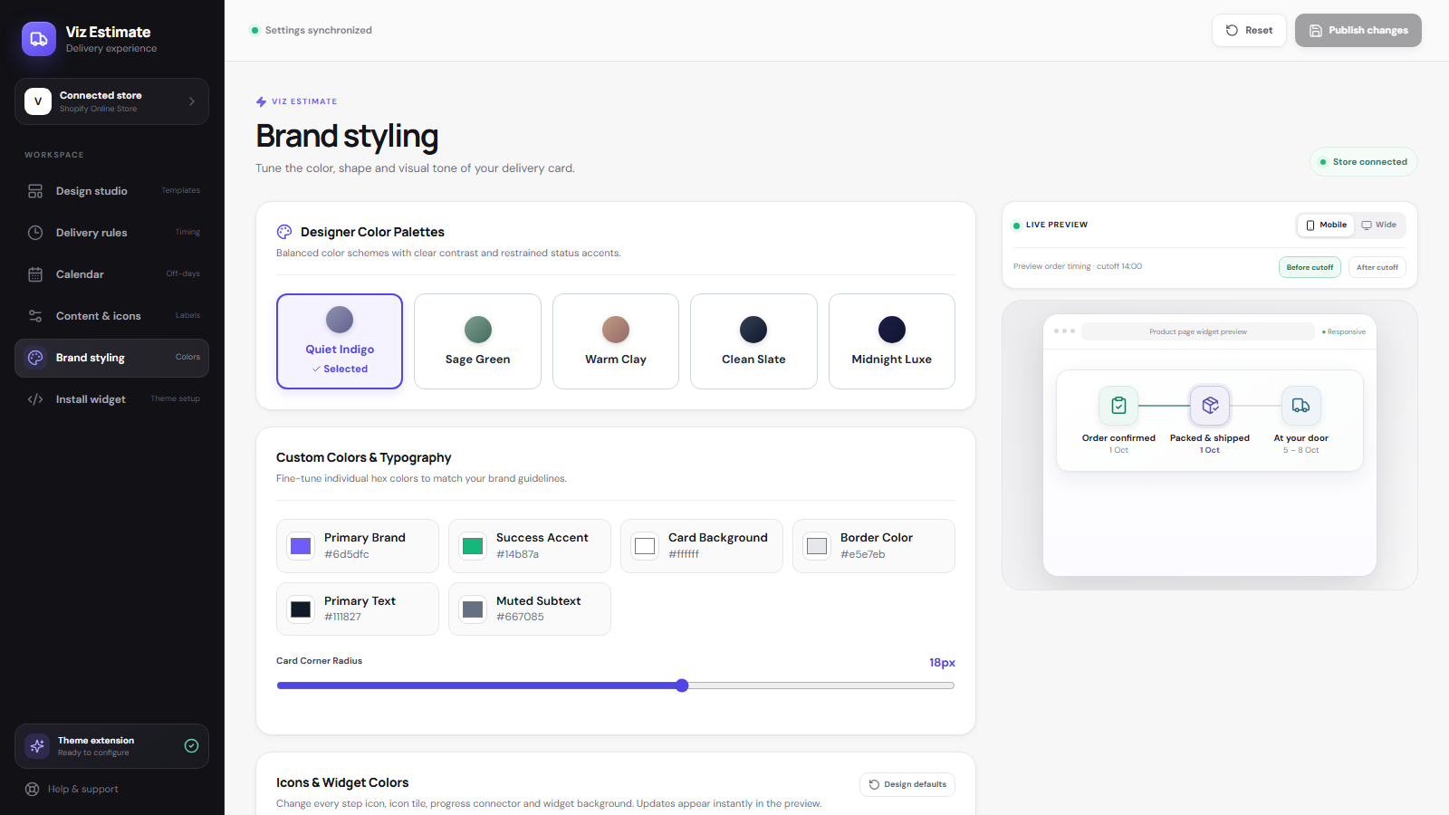 Viz Estimate brand styling screen with restrained palette presets